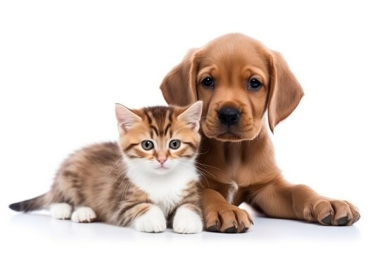 Adorable little kitten and puppy together, isolated on white background.Ai generative