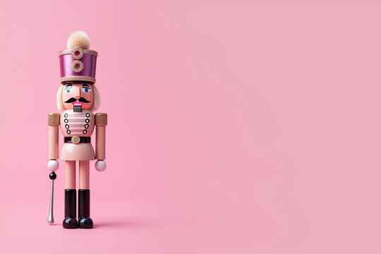 Minimalistischer Weihnachtshintergrund, Rosa Nussknacker Figur auf rosa Hintergrund, mit Platz f&uuml;r Text, Karte