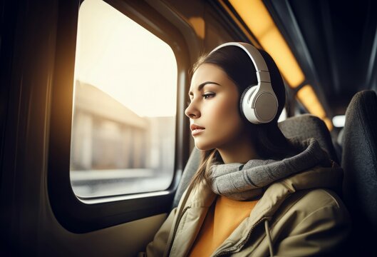 Headphones woman train at morning. Person music. Generate Ai