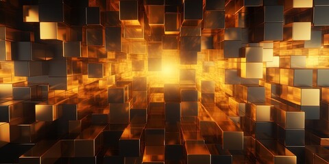 Abstract geometric metallic gold 3d texture wall with squares and square cubes background banner...