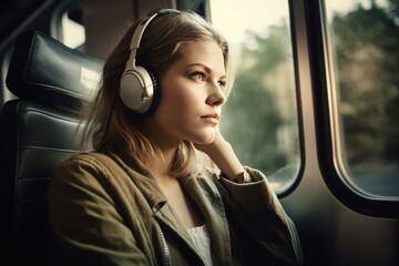 Headphones woman train student. Music travel. Generate Ai