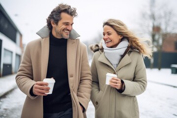 Joyful middle old aged couple, a man and woman, having a walk with hot drinks in winter, dressed warm, looking at each other and laughing, snowflakes all around. Enjoying Christmas Time.