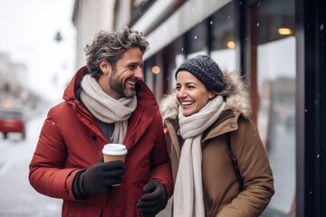 Joyful middle old aged couple, a man and woman, having a walk with hot drinks in winter, dressed...