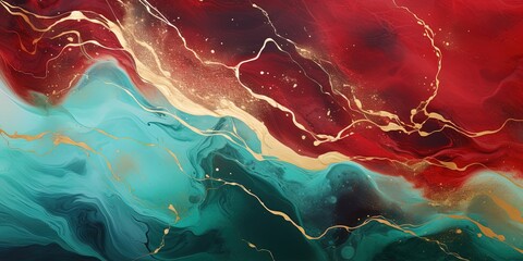 Abstract watercolor paint background illustration - Red and green color and golden lines, with...