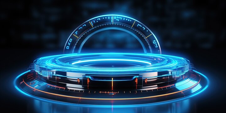 Abstract technology hud interface hologram elements neon lights, circle percent vitality innovation on hi tech future design.