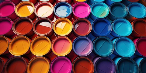 Banner of colorful paint cans or tins for home decoration - obrazy, fototapety, plakaty