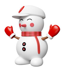 3d snowman with hat, warm mittens, scarf isolated. merry Christmas and festive New Year, 3d render illustration