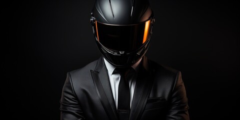 Biker in suit and helmet on the dark background. - obrazy, fototapety, plakaty