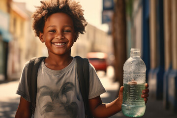 a young boy is standing and smiling holding a bottle of water, concept of lacking of clean water worldwide - obrazy, fototapety, plakaty