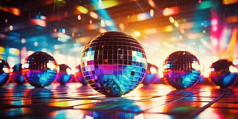 Brightly colored mirror disco ball background. Nightclub party poster - obrazy, fototapety, plakaty