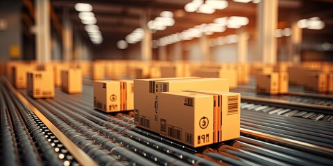 Closeup of multiple cardboard box packages seamlessly moving along a conveyor belt in a warehouse fulfillment center, a snapshot of e - commerce, delivery, automation, and products.