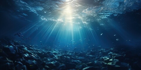 Fototapeta na wymiar Dark blue water of a deep ocean with sun rays reaching the rocky seabed. Beautiful underwater landscape.