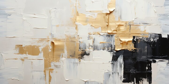 Closeup of abstract rough white gold black art painting texture, with oil acrylic brushstroke, pallet knife paint on canvas, geometric spatula technique with rectangles