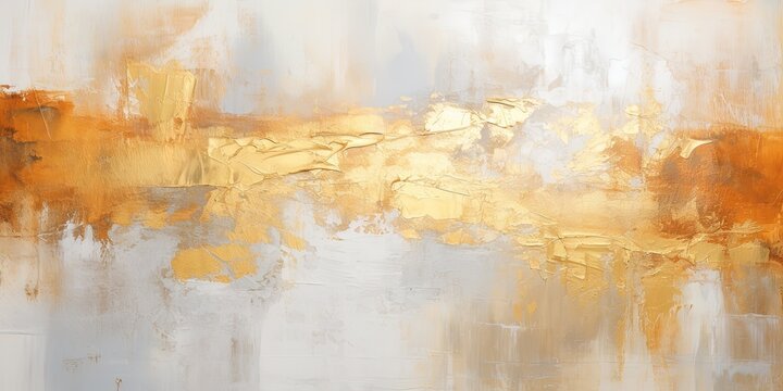Closeup of abstract rough gold white art painting texture, with oil brushstroke, pallet knife paint on canvas