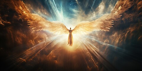 .Glowing light flying angel in heaven. Religion spiritual faith mythology vibe - obrazy, fototapety, plakaty