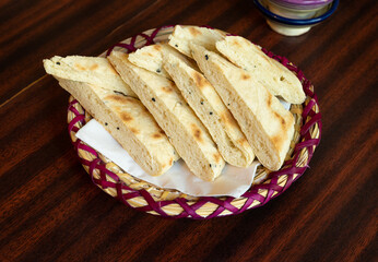 Moroccan Bread on Restaurant Table, Bread Pieces Served in a Basket, Breakfast Table