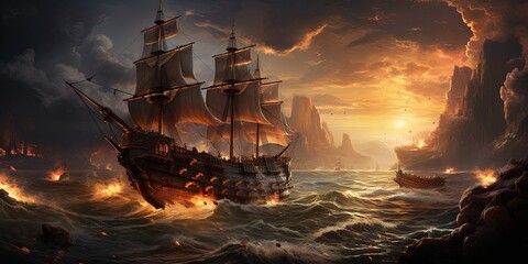 Intense naval battle scene between rival pirate ships, with cannons firing, sails billowing, and pirates swinging from ropes in a clash for supremacy - obrazy, fototapety, plakaty
