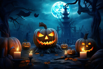 Halloween pumpkin head jack lantern with burning candles, Spooky Forest with a full moon and wooden table, Pumpkins In Graveyard In The Spooky Night - Halloween Backdrop, dark style, blue style