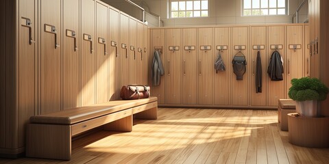 Locker or changing room with benches and lockers - obrazy, fototapety, plakaty
