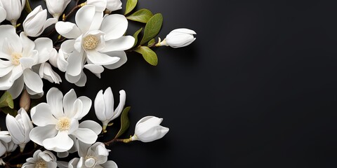 Fototapeta na wymiar Magnolias flowers background banner panorama - Beautiful blooming white magnolia branch, isolated on gray background, top view