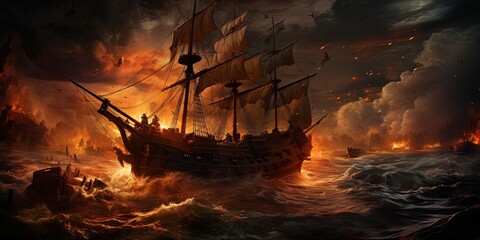 Pirate ship in a ferocious sea battle - obrazy, fototapety, plakaty
