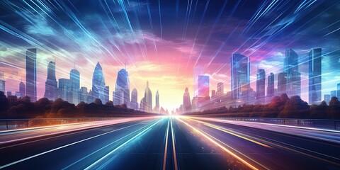 Road in city with skyscrapers and car traffic light trails. banner of infrastructure and...
