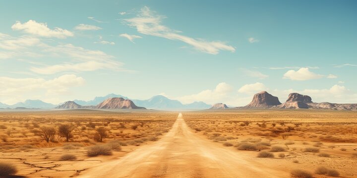 Sand desert hot dirty road path. Outdoor arizona western nature landscape background. Road trip travel adventure explore vibe © Svitlana