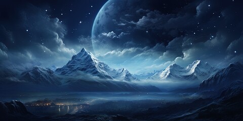 Naklejka na ściany i meble Tranquil night sky illuminates majestic mountain range in star field