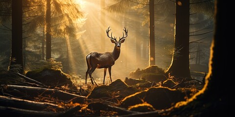 Wildlife animal landscape background - Wild deer in forest in the morning with fir trees sunlight and dust