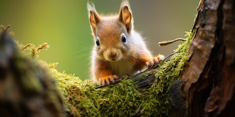 Naklejka na ściany i meble Wildlife animal photography background - Sweet young red squirrel( sciurus vulgaris) baby on a mossy tree trunk in forest