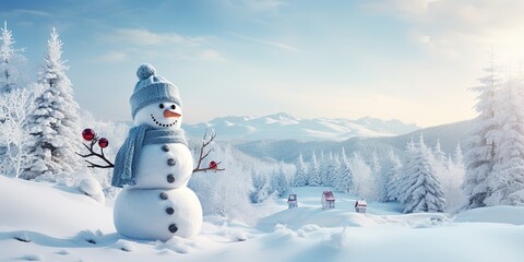 Winter holiday christmas background banner - Closeup of cute funny laughing snowman with wool hat and scarf, on snowy snow snowscape landscape in the forest with fir trees - Powered by Adobe