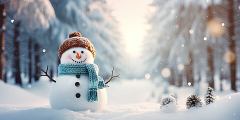 Winter holiday christmas background banner - Closeup of cute funny laughing snowman with wool hat and scarf, on snowy snow snowscape landscape in the forest with fir trees