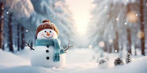 Foto op Canvas Winter holiday christmas background banner - Closeup of cute funny laughing snowman with wool hat and scarf, on snowy snow snowscape landscape in the forest with fir trees © Svitlana