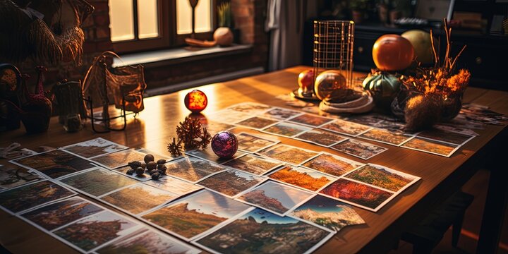 Travel photos of different landmarks and tourism destinations on table
