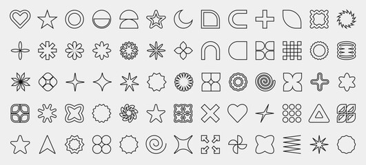 Set of outline abstract geometric shapes and forms. Brutal contemporary figures, stars, flowers and other primitive elements. Trendy Y2K signs and symbols.