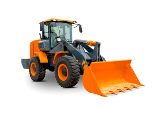 Obraz na płótnie Canvas Wheel Loader Isolated on White Background. Orange Front Loader. Loading Shovel. Manufacturing Equipment. Pneumatic Truck. Heavy Equipment Machine. Side View Industrial Vehicle.
