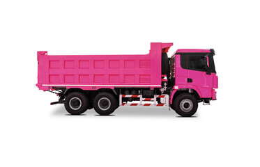 Side view of a new pink colored dump truck isolated over white background