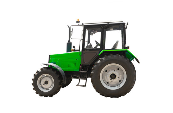 Green brand new tractor isolated over white background. Side view