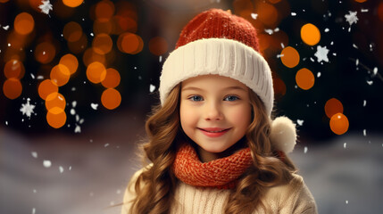 cute little girl in Santa Claus hat against the background of Christmas tree, winter holiday.
