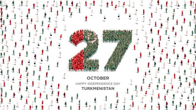 Happy Independence Day Turkmenistan. A large group of people form to create the number 27 as Turkmenistan celebrates its Independence Day on the 27th of October. 4K Animation Video.