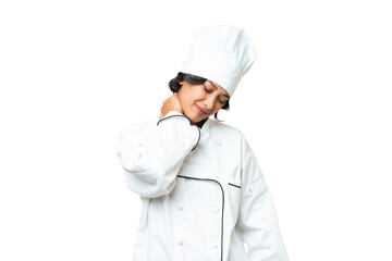 Young chef Argentinian woman over isolated background with neckache