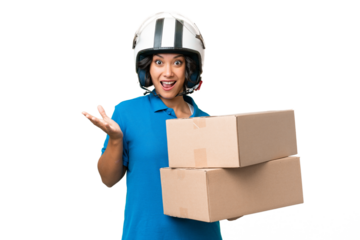 Young Argentinian  delivery woman over isolated background with shocked facial expression