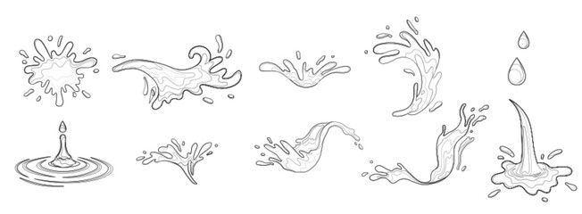 Water and juice splash liquide. Black doodle line. A spill shape, compelling composition arising from moment of disruption A water splash, dynamic display of aquatic motion Fresh juice splashed