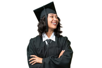 Young university graduate Argentinian woman over isolated background happy and smiling