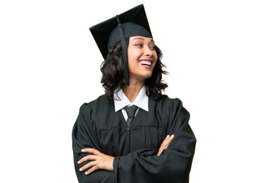 Young university graduate Argentinian woman over isolated background happy and smiling
