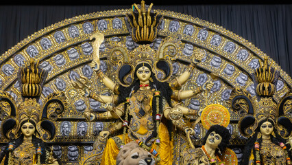 Howrah, West Bengal, India- 4th October, 2022 : Beautifully decorated Durga idol is being...