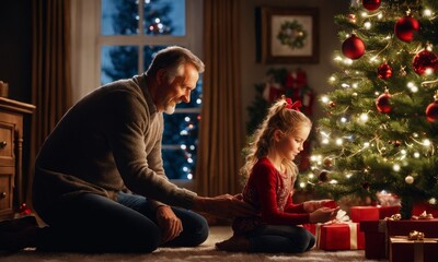 Father and daughter decorate a Christmas tree, Generative AI