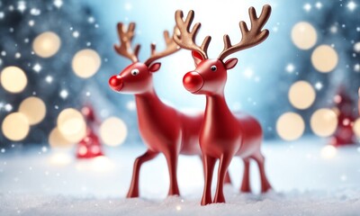 Reindeer toy with red nose Christmas background concept 3D Rendering, Generative AI