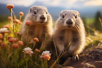 Curious marmots on a meadow with flowers in the mountains, animals in nature, wildlife - Powered by Adobe