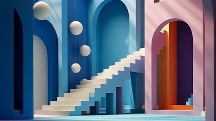 Obraz premium Surreal world thestral interiors, surreal forms of space, geometric shapes. Surrealistic alternate reality. Otherworldly art space. 